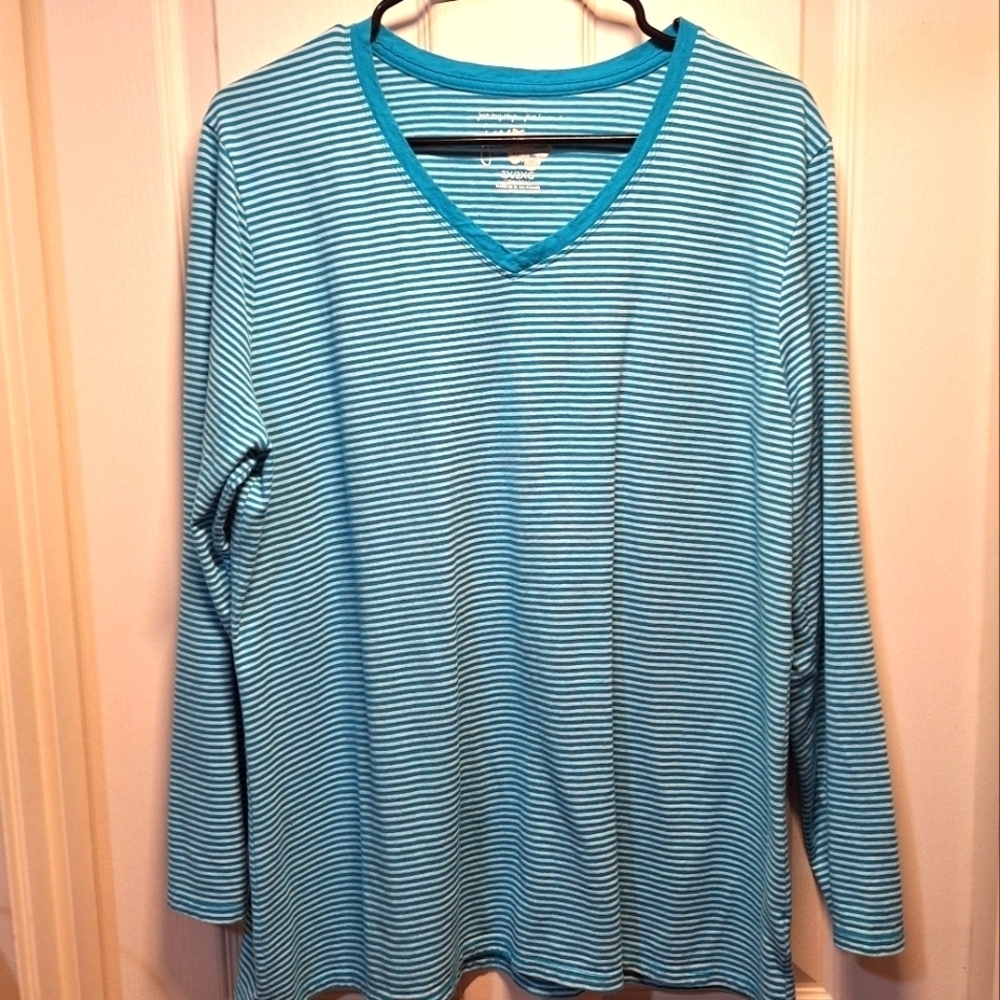 Just My Size Teal Striped V Neck Top 2XL